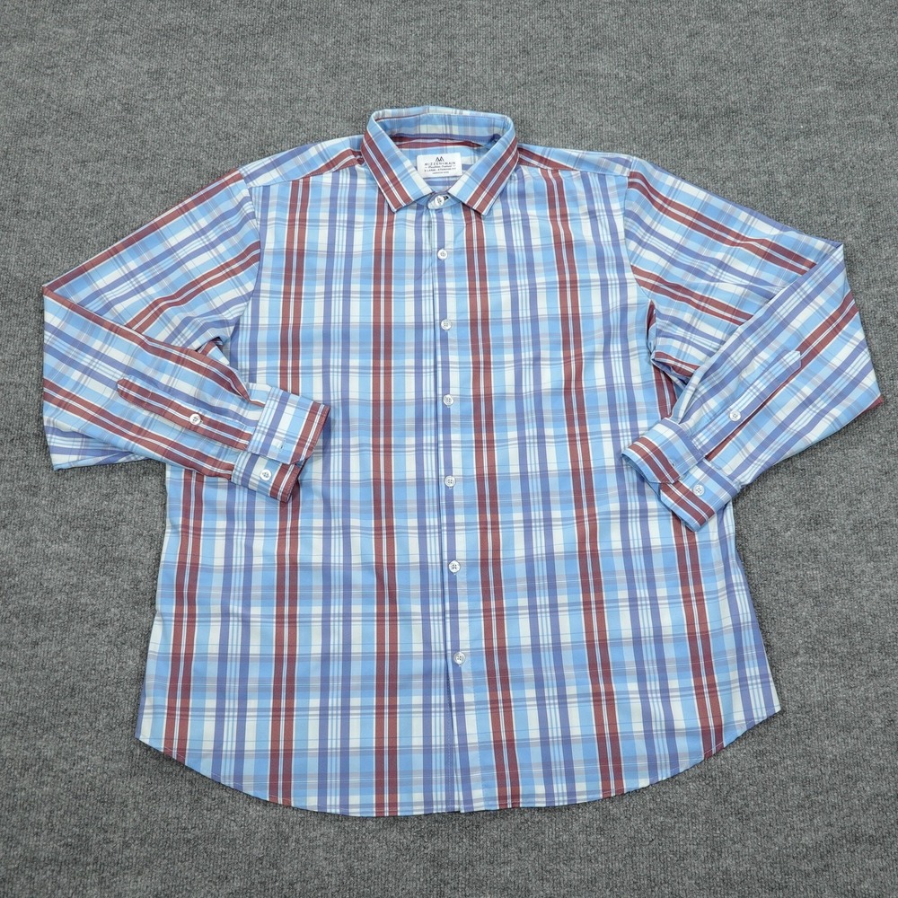 Mizzen+Main Shirt Mens XL Blue Long Sleeve Button Up Plaid Wrinkle Resistant